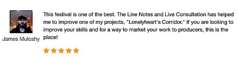 Image of written testimonial from writer James Mulcahy for the Wiki Screenplay Contest, including his headshot photo of a bearded man wearing a baseball hat with five gold stars as part of the written review